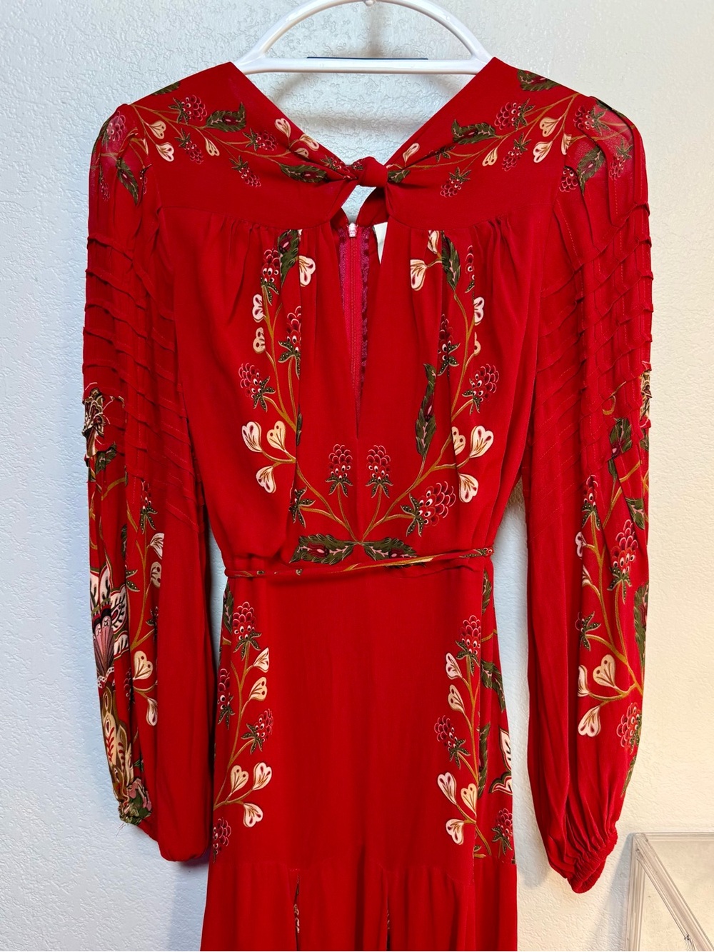 FARM Rio Red Berry Garden Long Sleeve Pleated Maxi Dress